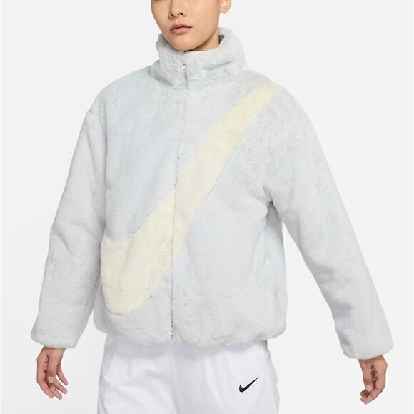 Nike Sportswear Faux Fur Swoosh Jacket Photon Dust Grey Giant Logo Dunk Low L - Picture 11 of 16